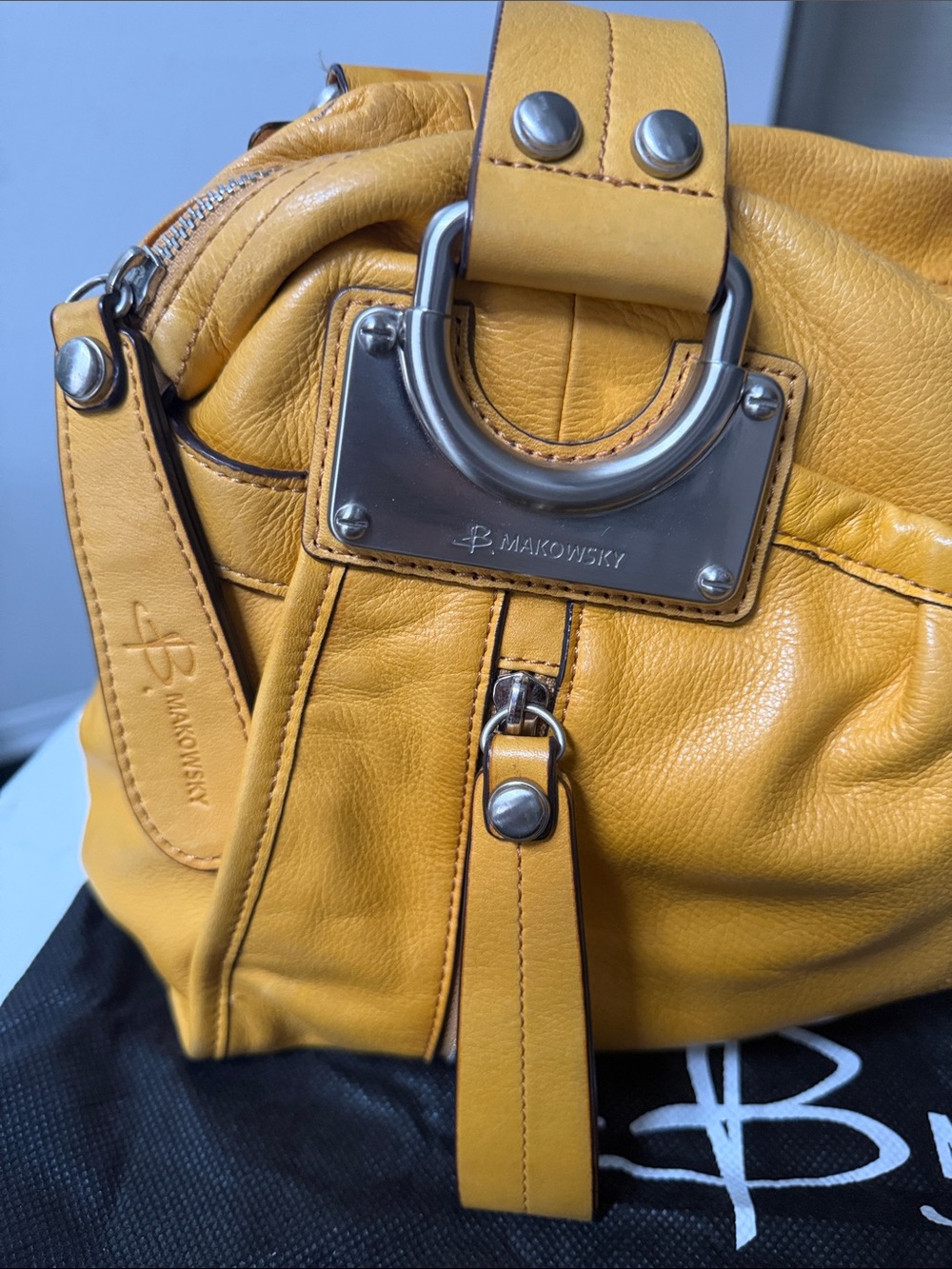 B. Makowsky Mustard Yellow Leather Satchel Shoulder Bag - Picture 4 of 12